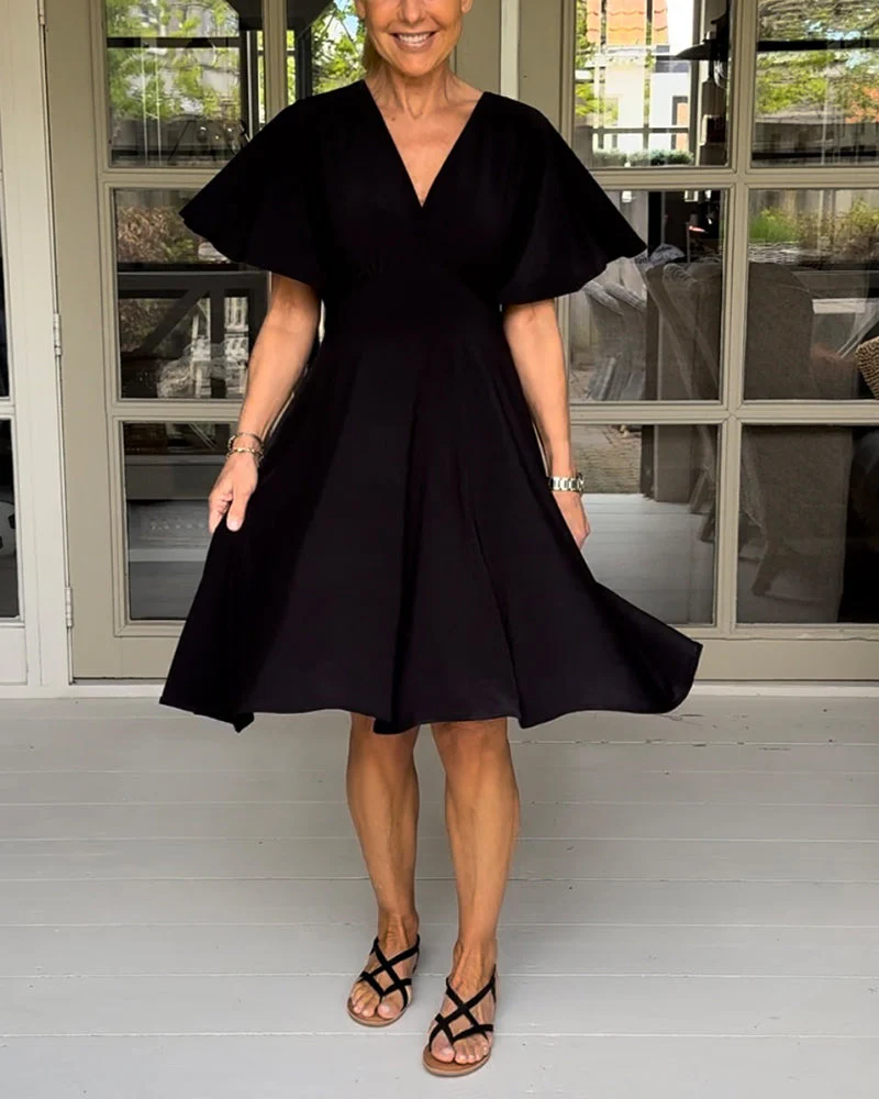 Solid color V-neck waisted butterfly sleeve casual dress - Image 33