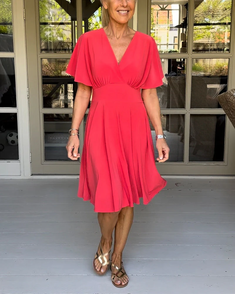 Solid color V-neck waisted butterfly sleeve casual dress - Image 36