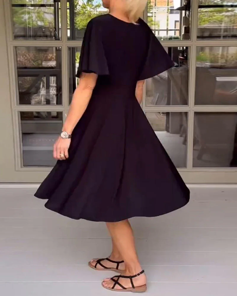 Solid color V-neck waisted butterfly sleeve casual dress - Image 9