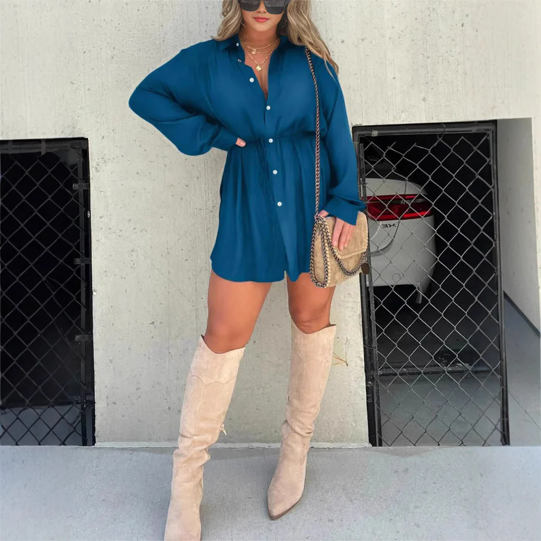 Splendid Teal Tie Waist Dress for Casual Walks - Image 39
