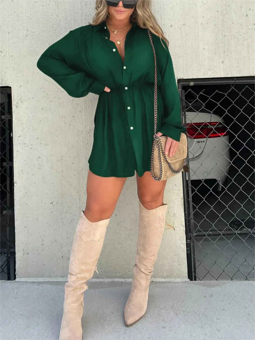 Splendid Teal Tie Waist Dress for Casual Walks - Image 42