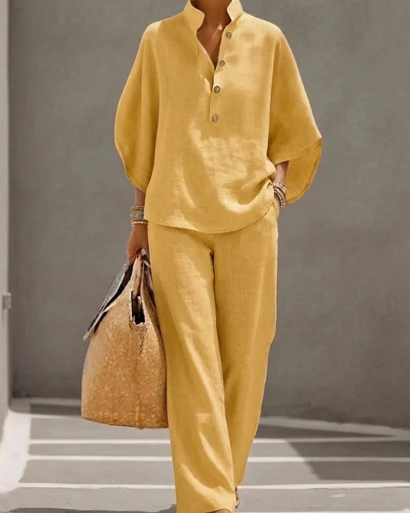 Stand Collar Batwing Sleeve Wide-Leg Pants Set - Image 6