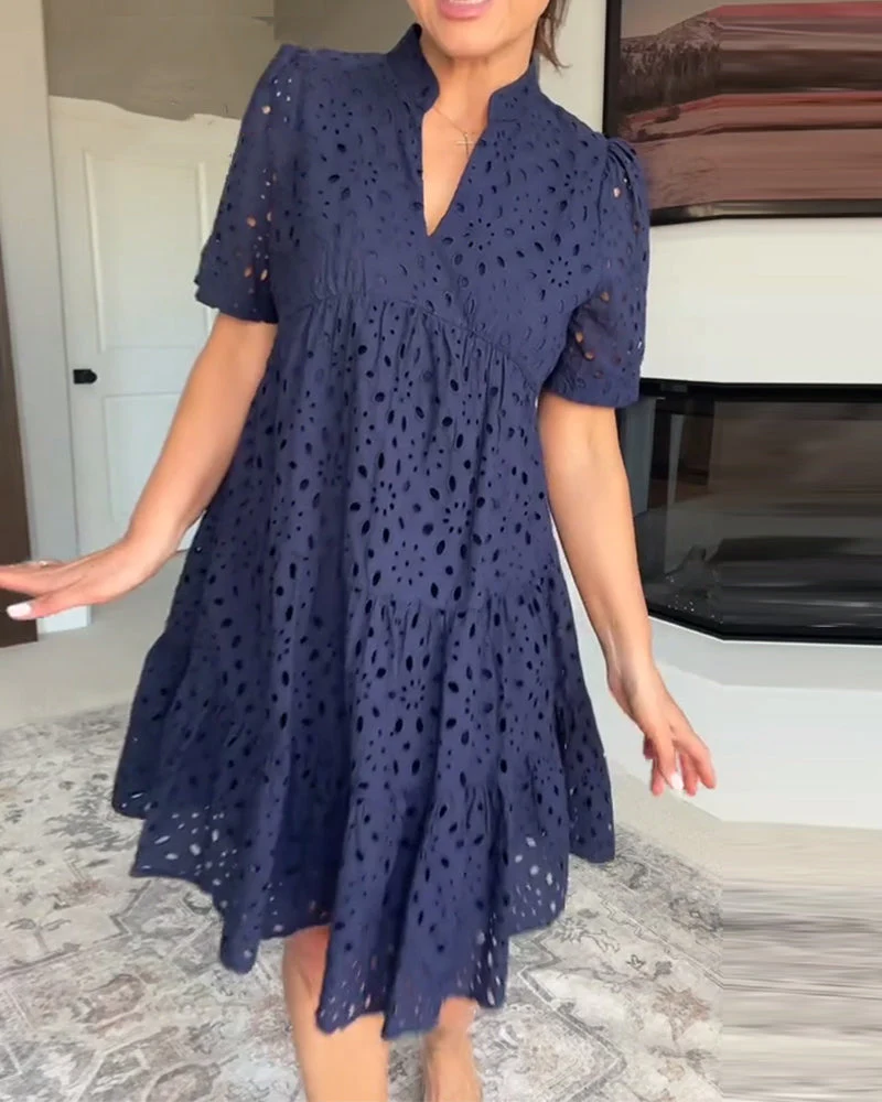 Stand Collar Hollow A-Line Dress - Image 11
