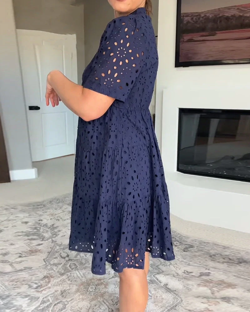 Stand Collar Hollow A-Line Dress - Image 12