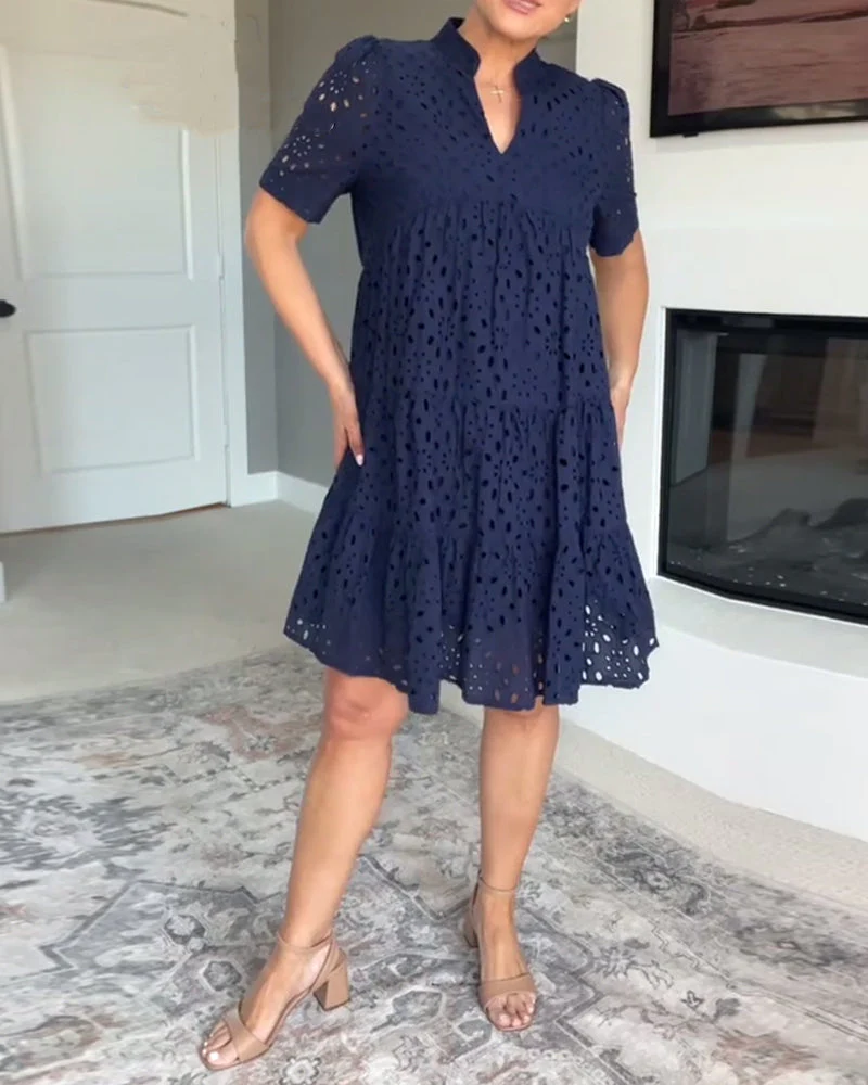 Stand Collar Hollow A-Line Dress - Image 13