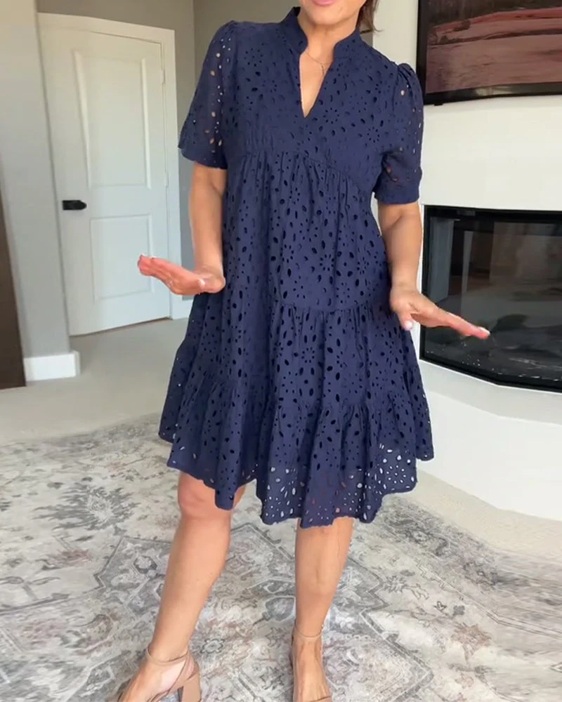 Stand Collar Hollow A-Line Dress - Image 15