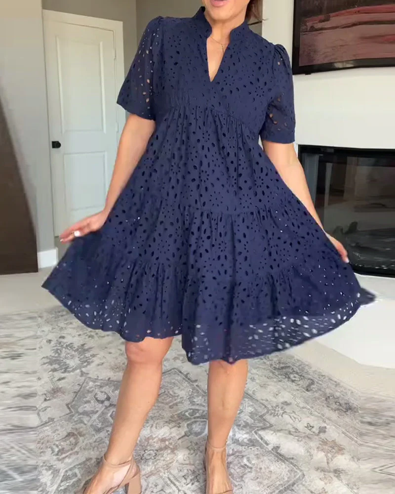 Stand Collar Hollow A-Line Dress - Image 8