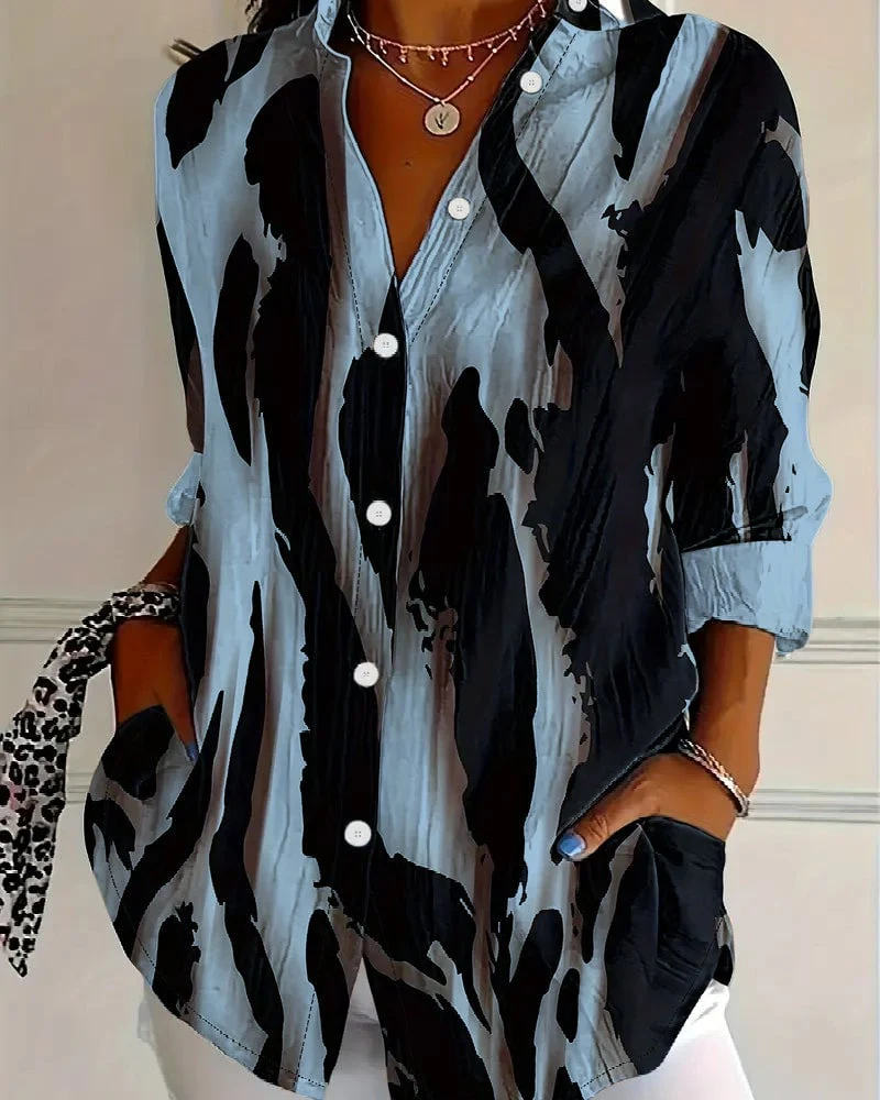 Stand Collar Irregular Printed Blouse - Image 11