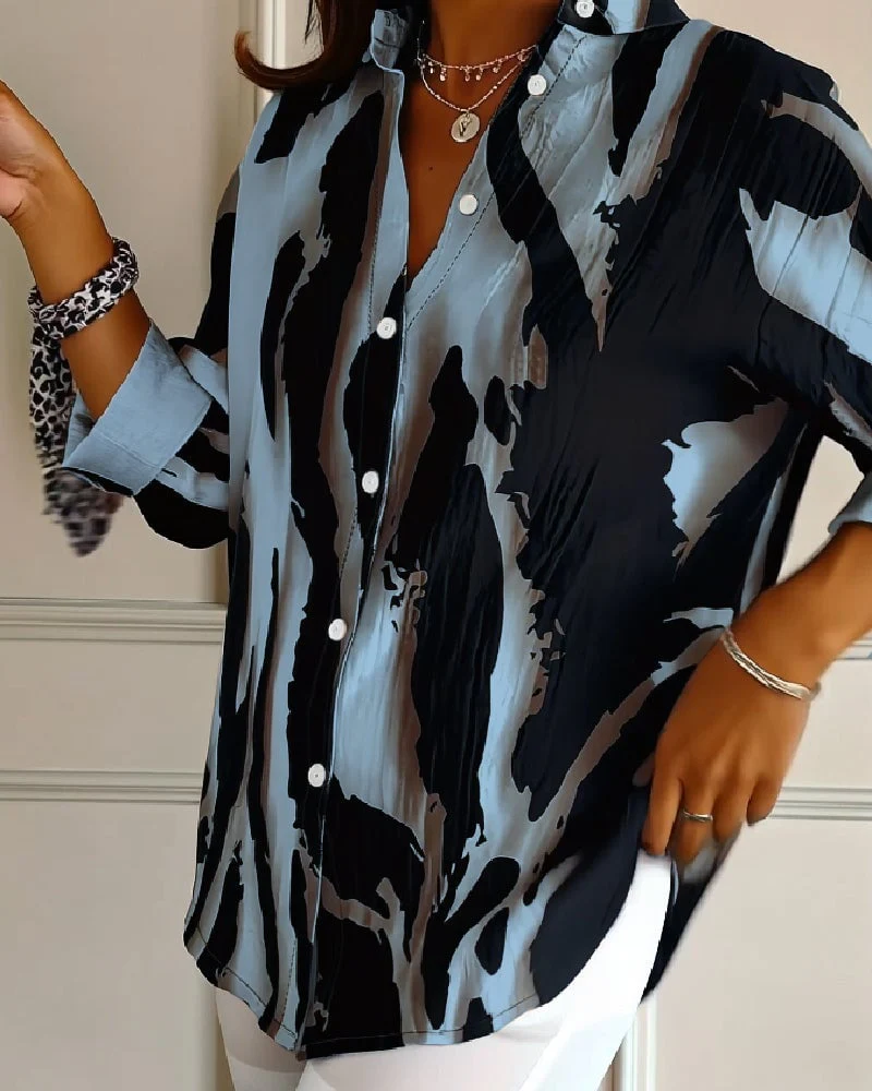 Stand Collar Irregular Printed Blouse - Image 12