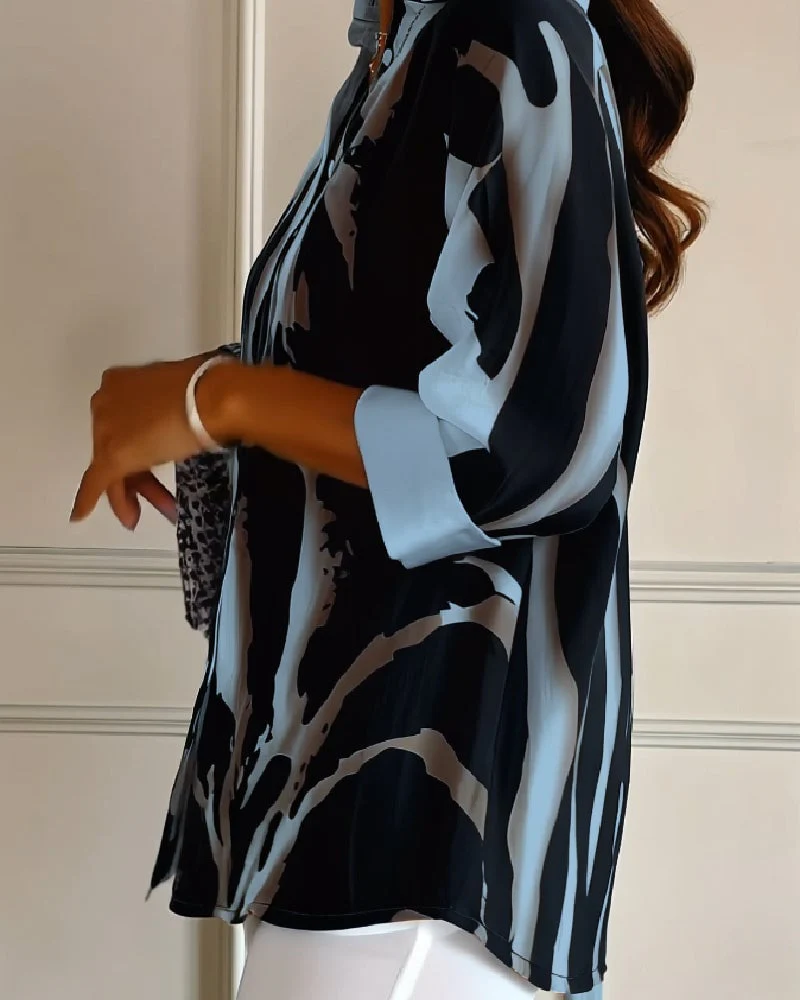 Stand Collar Irregular Printed Blouse - Image 13