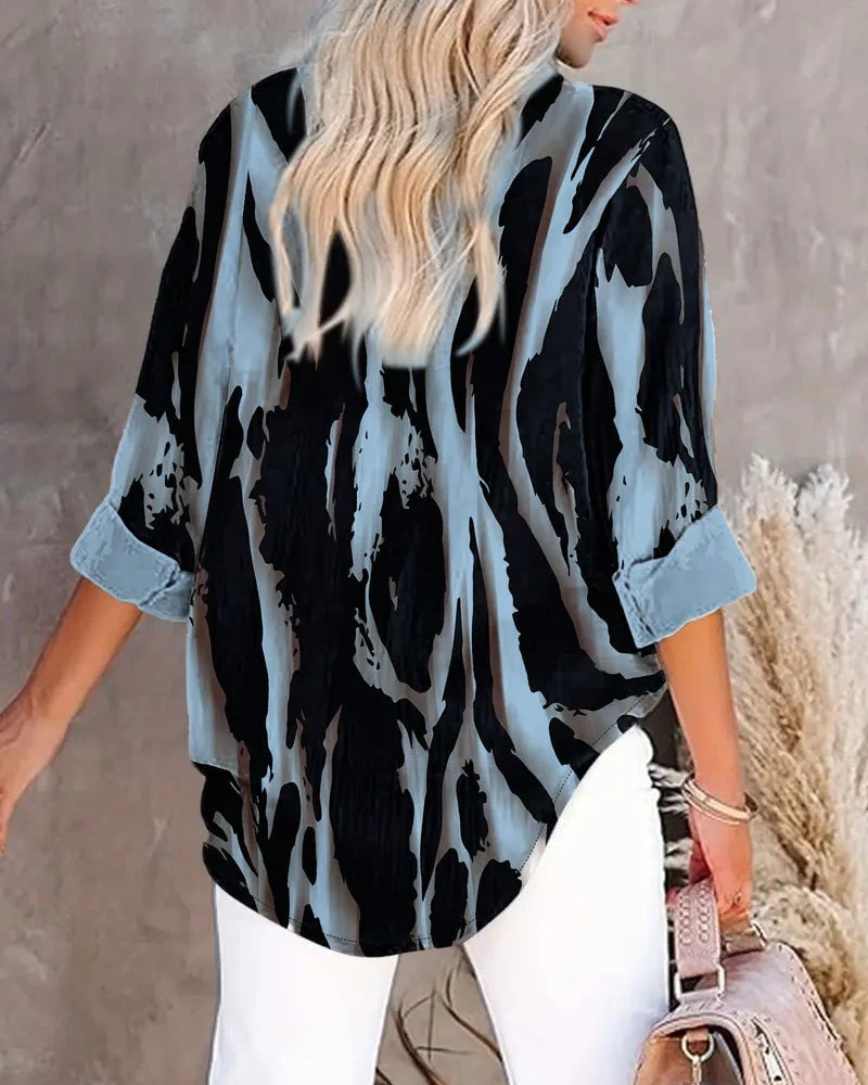 Stand Collar Irregular Printed Blouse - Image 15