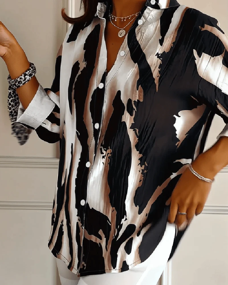 Stand Collar Irregular Printed Blouse - Image 2