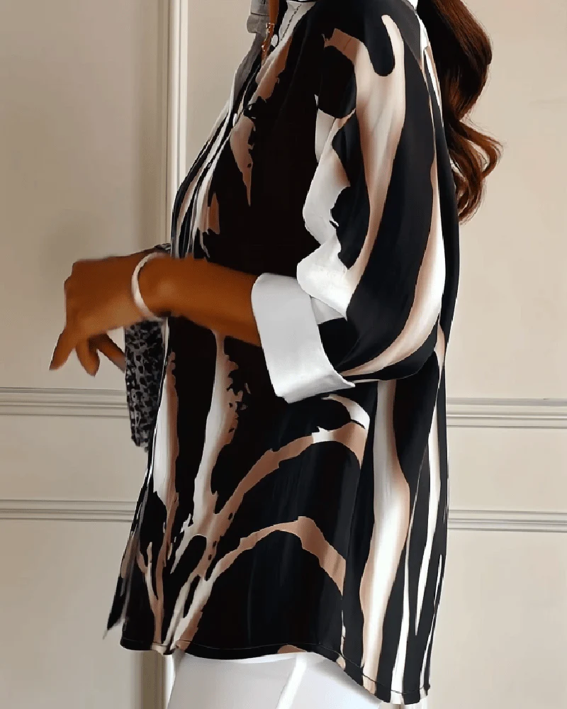 Stand Collar Irregular Printed Blouse - Image 3
