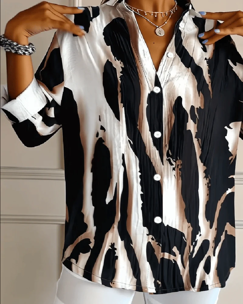 Stand Collar Irregular Printed Blouse - Image 4