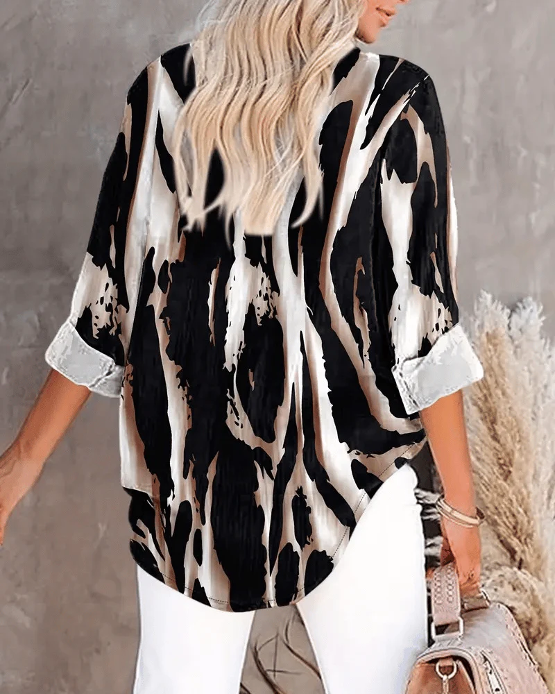 Stand Collar Irregular Printed Blouse - Image 5