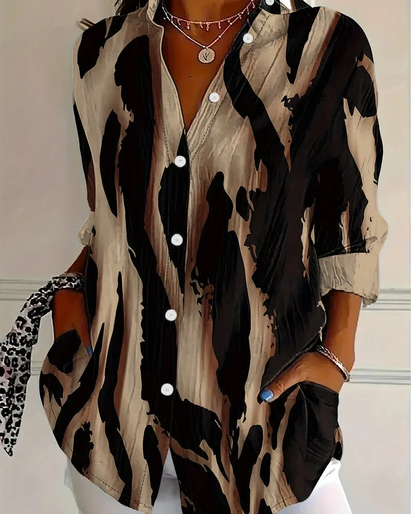 Stand Collar Irregular Printed Blouse - Image 6