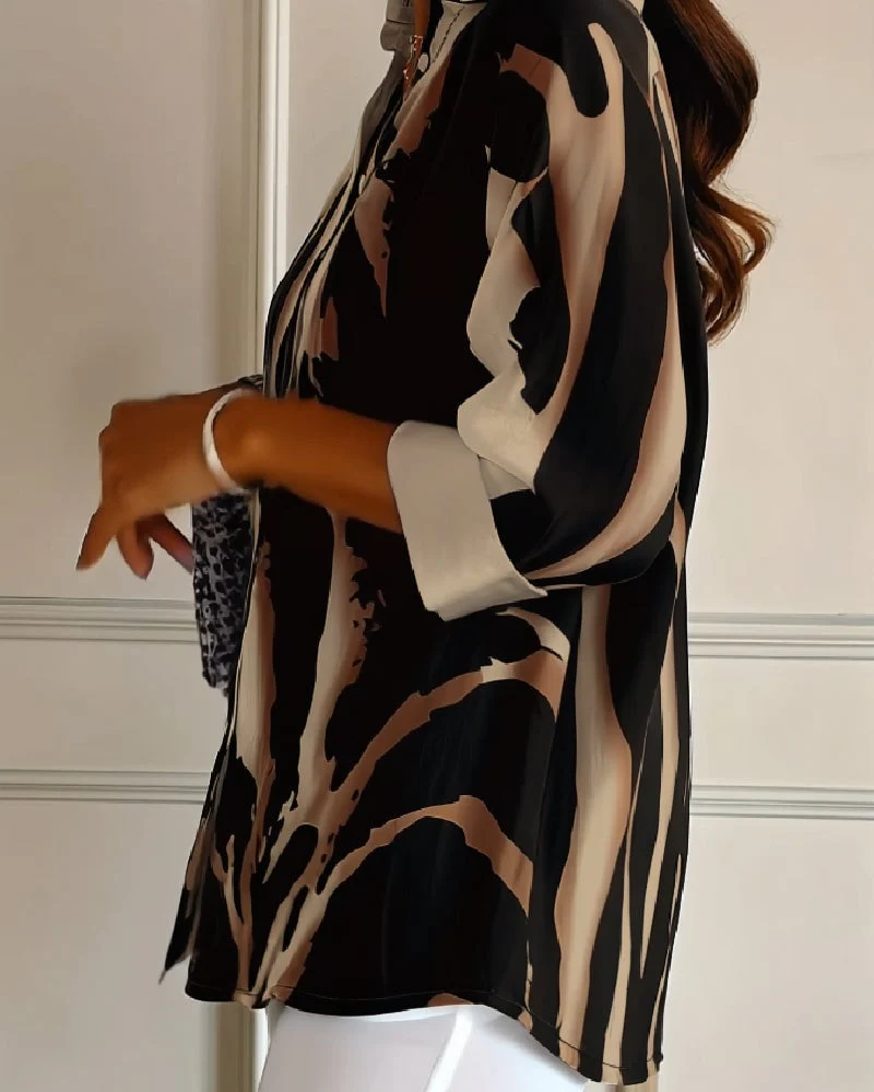 Stand Collar Irregular Printed Blouse - Image 9
