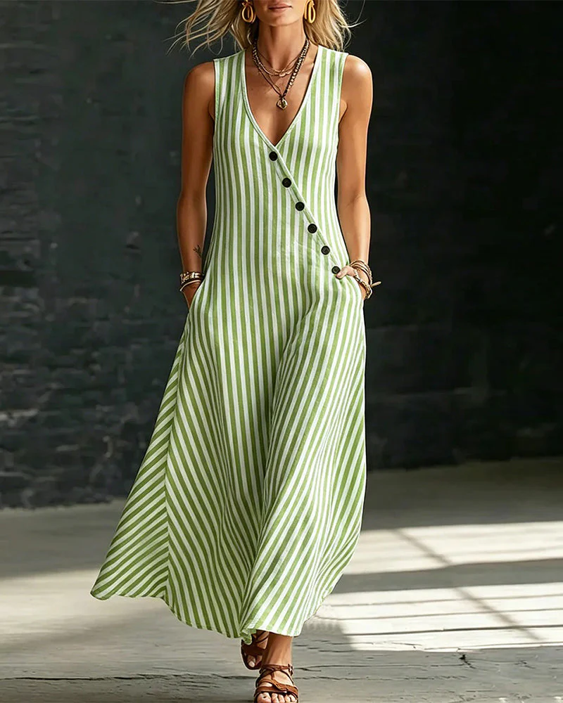 Striped Button Sleeveless Dress