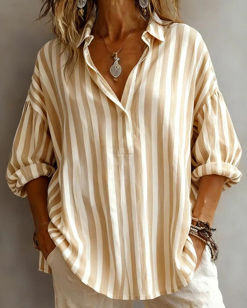 Striped Loose-Fitting Collared Blouse - Image 4