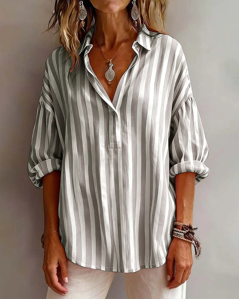 Striped Loose-Fitting Collared Blouse - Image 7