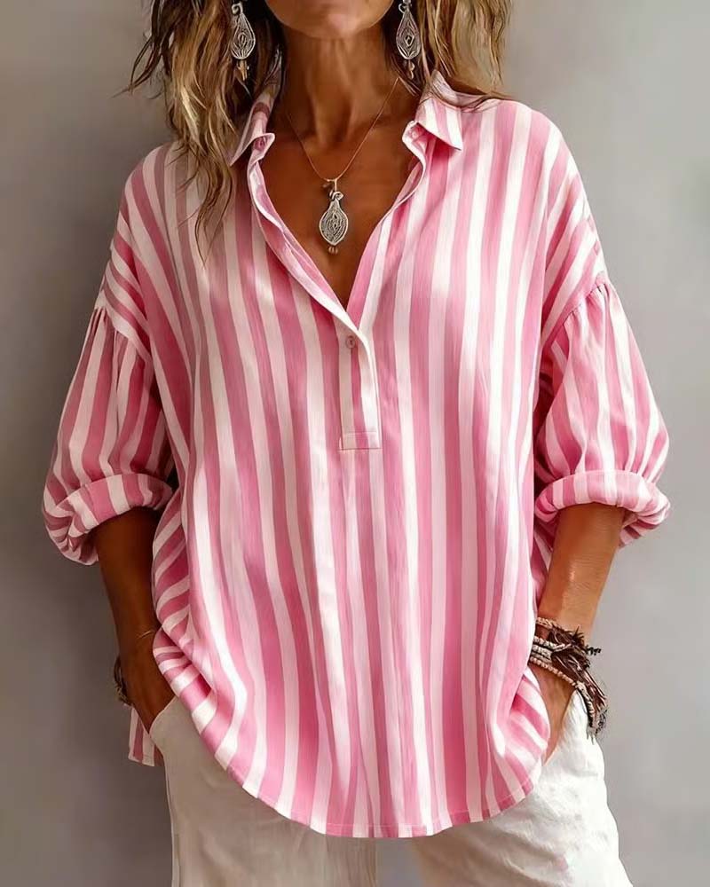 Striped Loose-Fitting Collared Blouse - Image 8