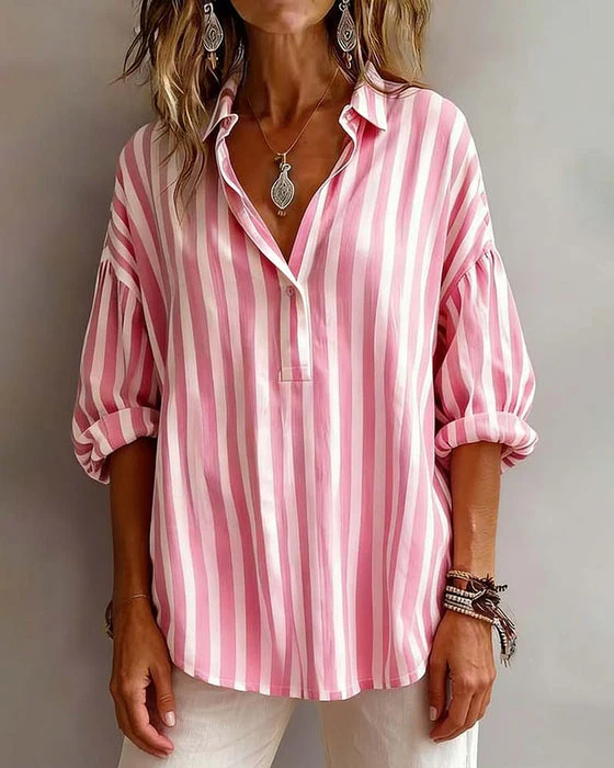Striped Loose-Fitting Collared Blouse - Image 9