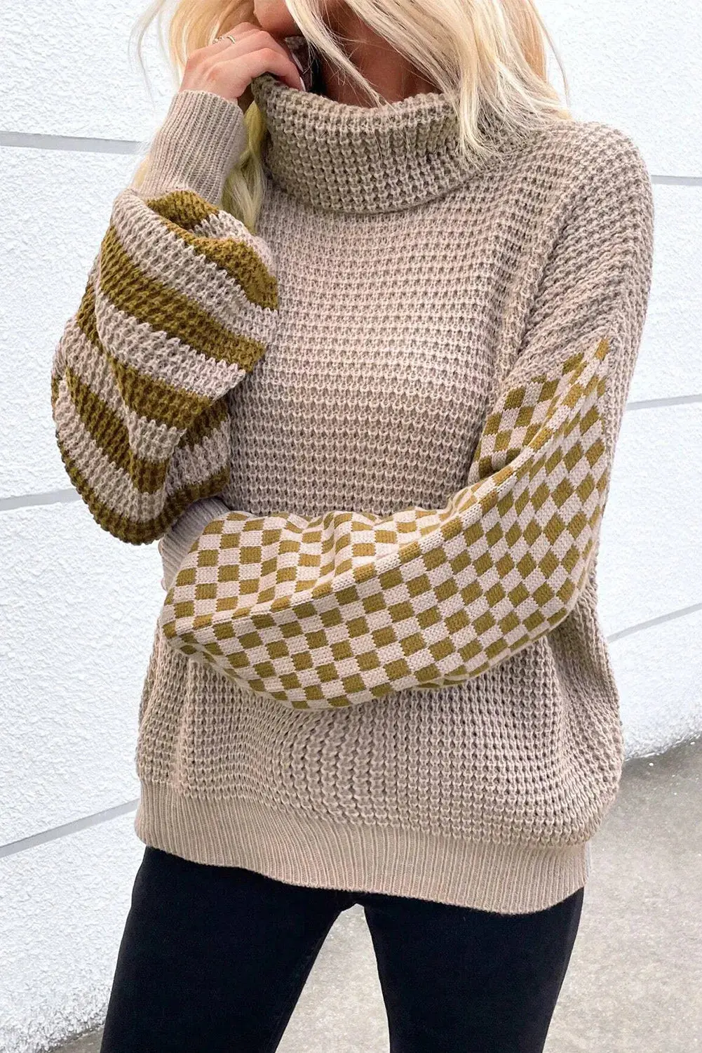 Striped Plaid Patchwork Waffle Knit Turtleneck Sweater - Image 8