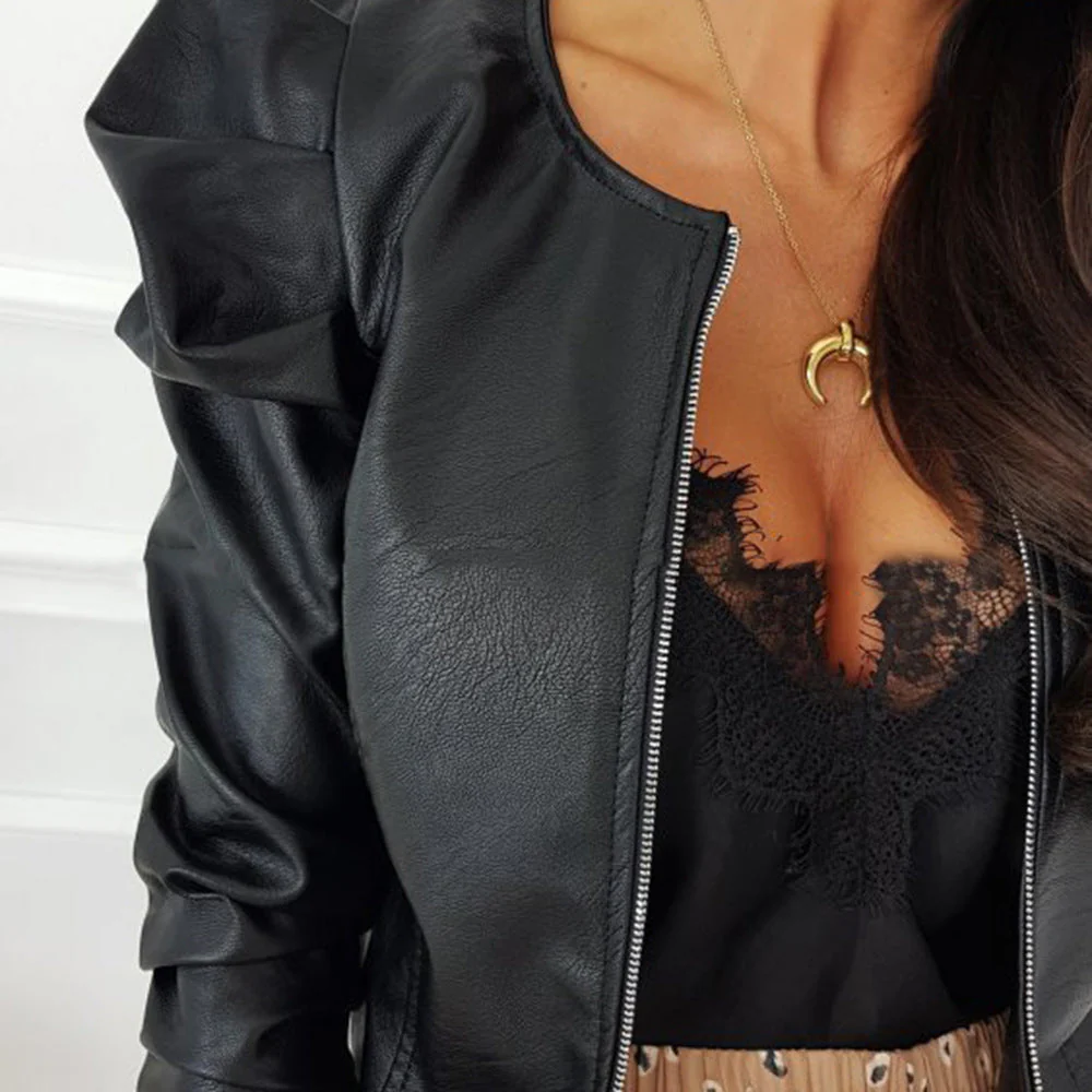 Stylish Puff Sleeve Leather Jacket - Image 4