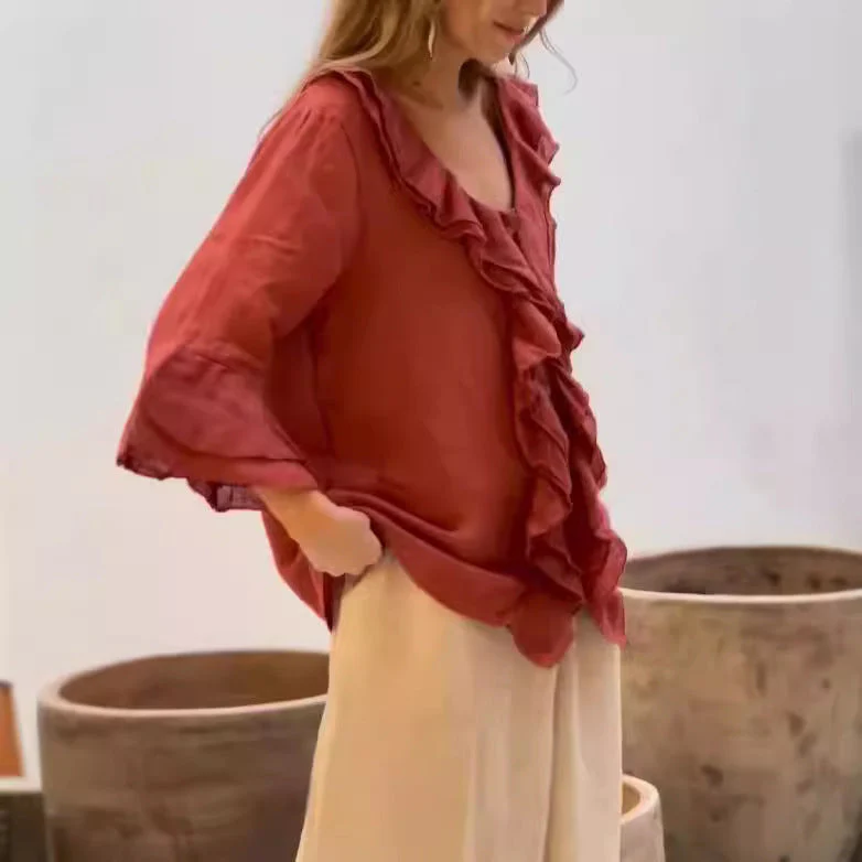 Stylish Solid Top with Feminine Ruffle Detail - Image 2
