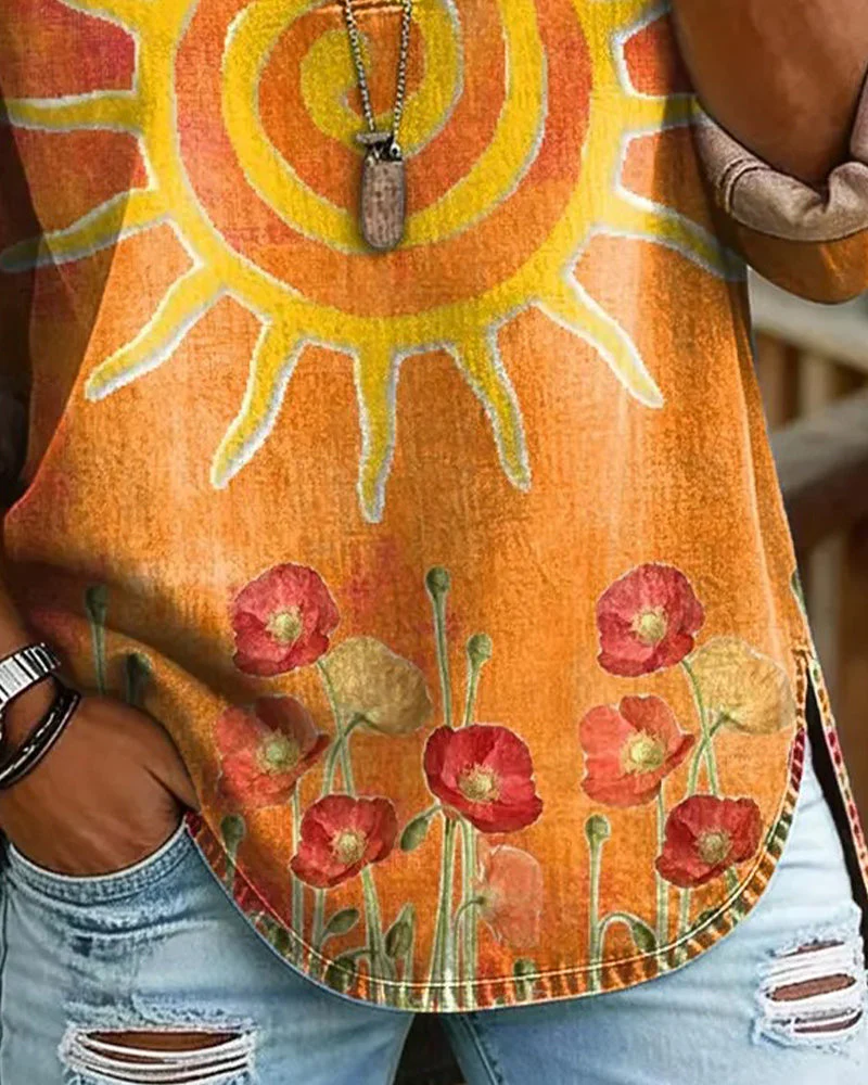 Sunflower Print V-Neck Top - Image 2