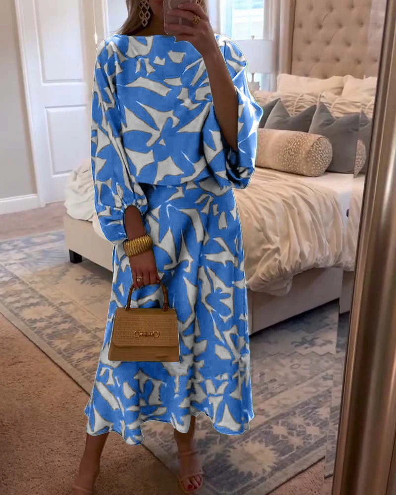 Temperament Printed Lantern Sleeves Casual Dress Set - Image 8