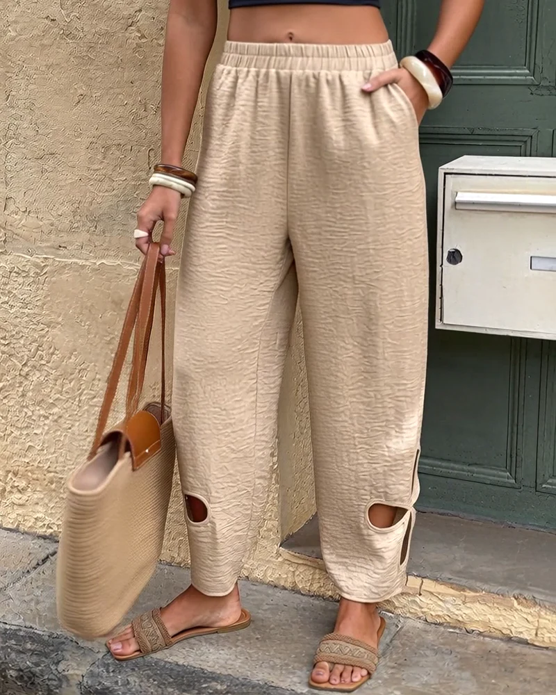 Textured Floral Pattern Cut-Out Hem Casual Pants