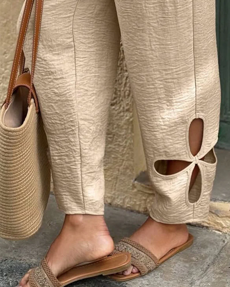 Textured Floral Pattern Cut-Out Hem Casual Pants - Image 2