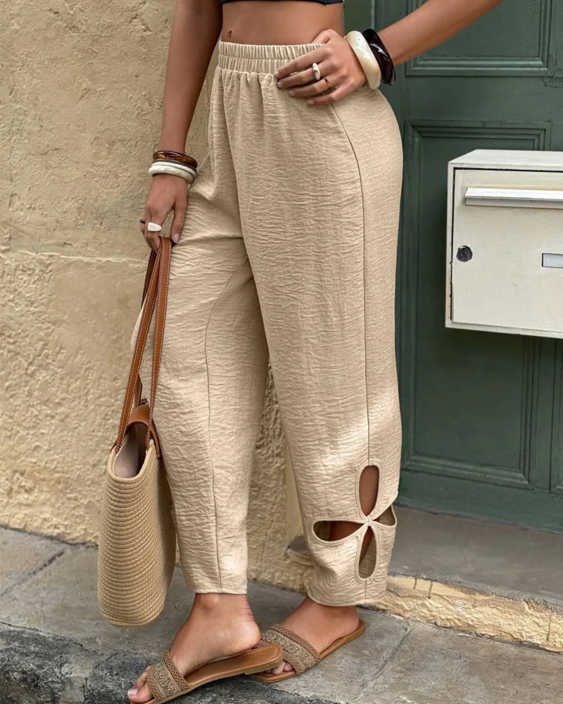 Textured Floral Pattern Cut-Out Hem Casual Pants - Image 4