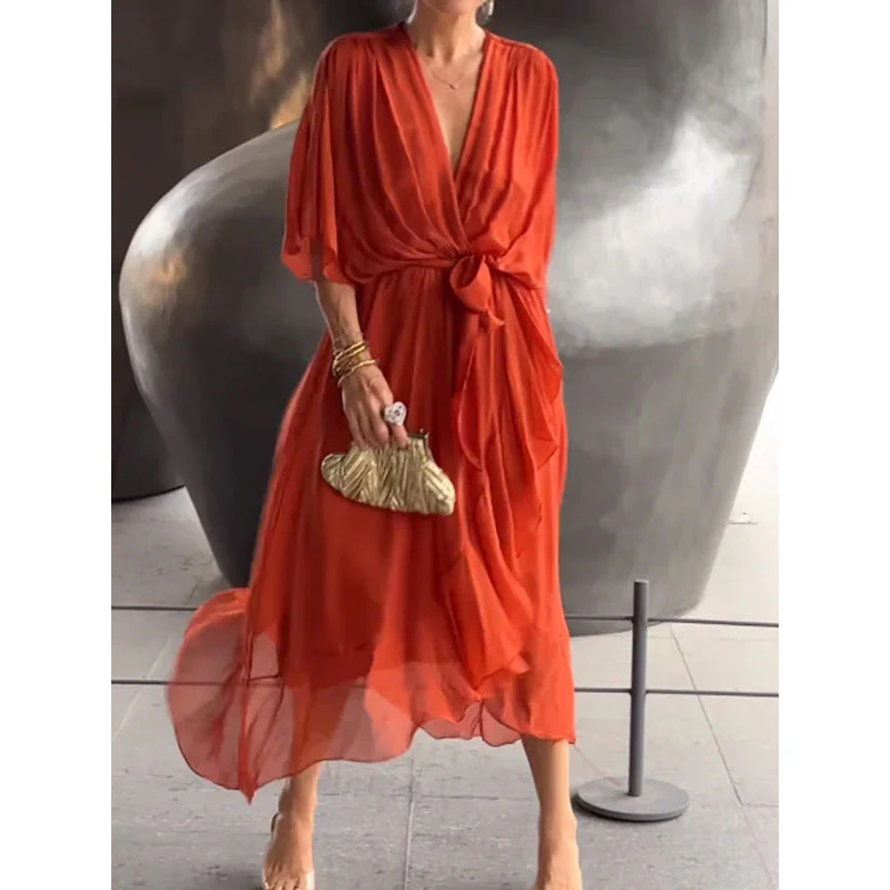 Tie Waist Batwing Long Dress - Image 37