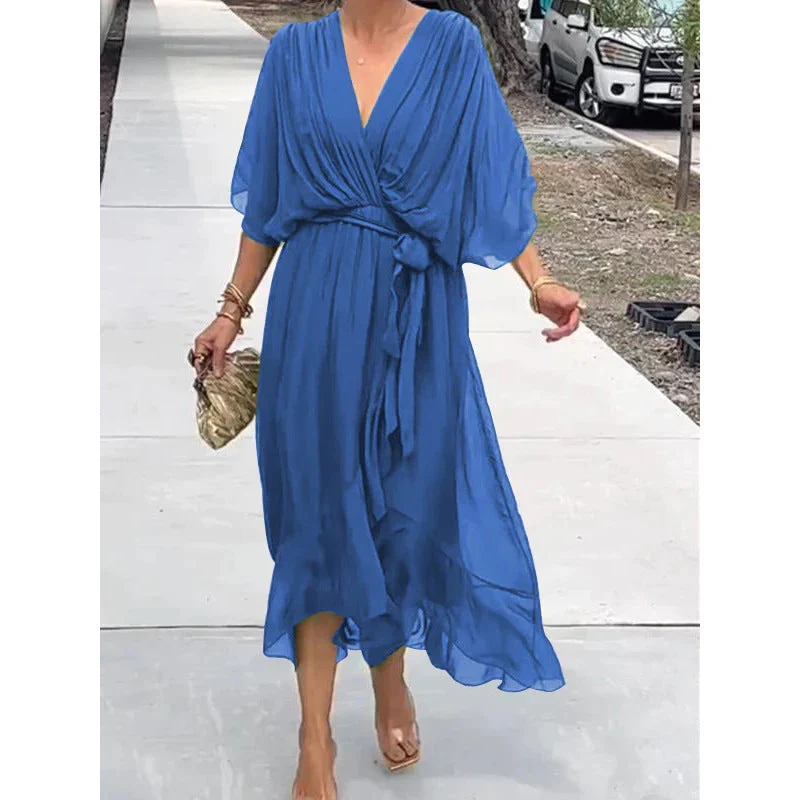 Tie Waist Batwing Long Dress - Image 45