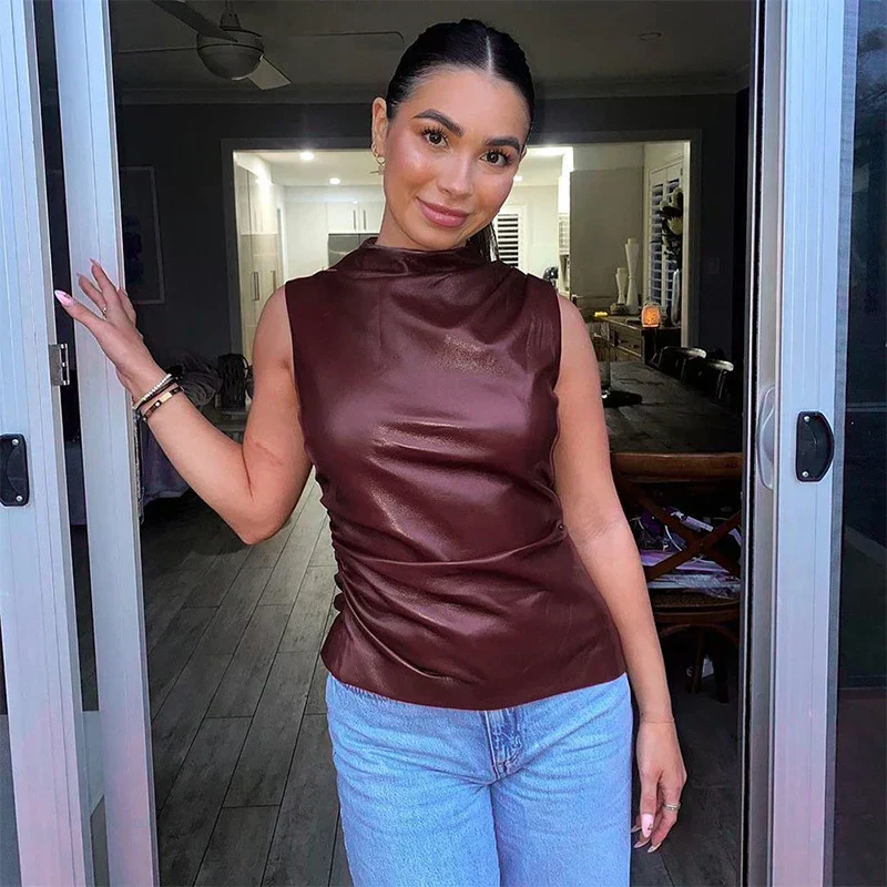 Trendy Black Leather Sleeveless Top - Image 5