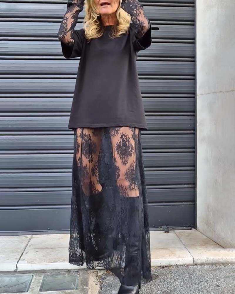 Two-piece set - solid color T-shirt and lace skirt - Image 10