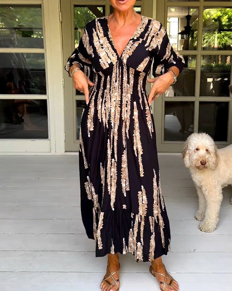 Boho Style V-Neck Three Quarter Dress - Image 3