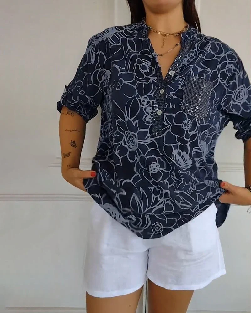 V-Neck Button-Down Printed Blouse - Image 10