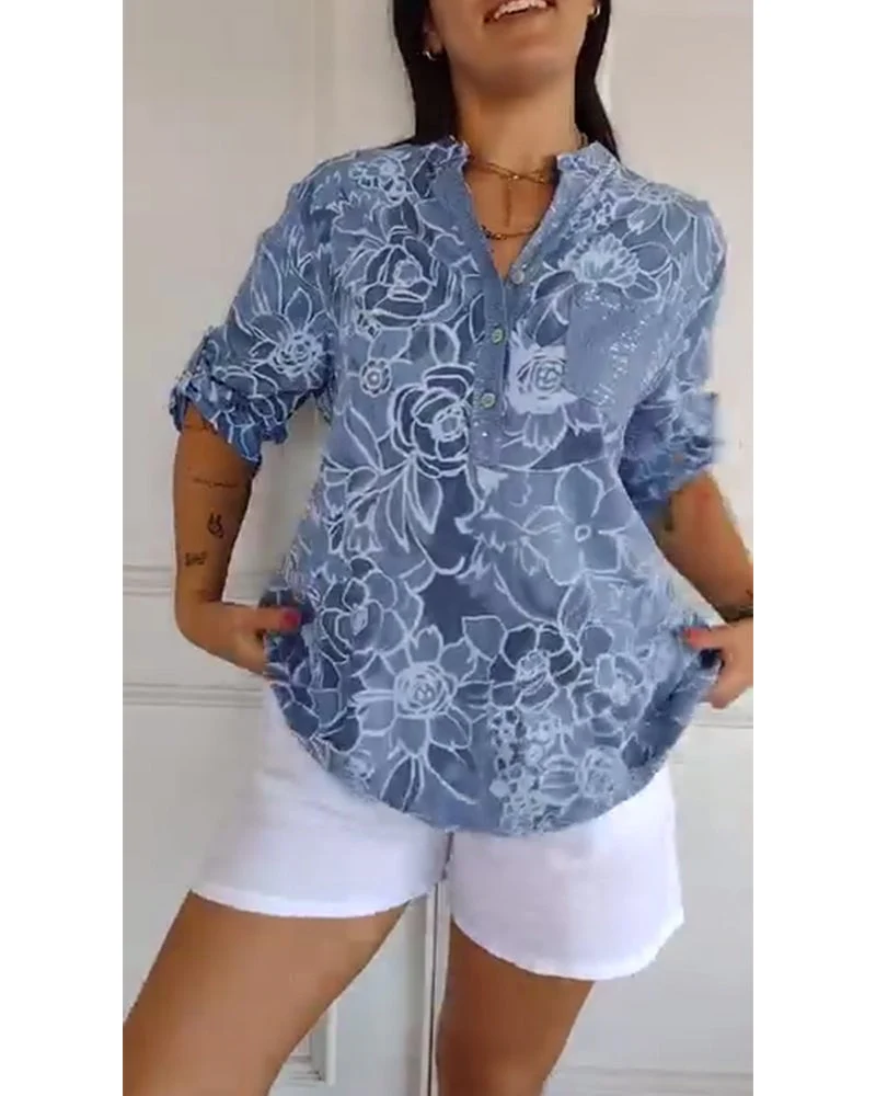 V-Neck Button-Down Printed Blouse - Image 4