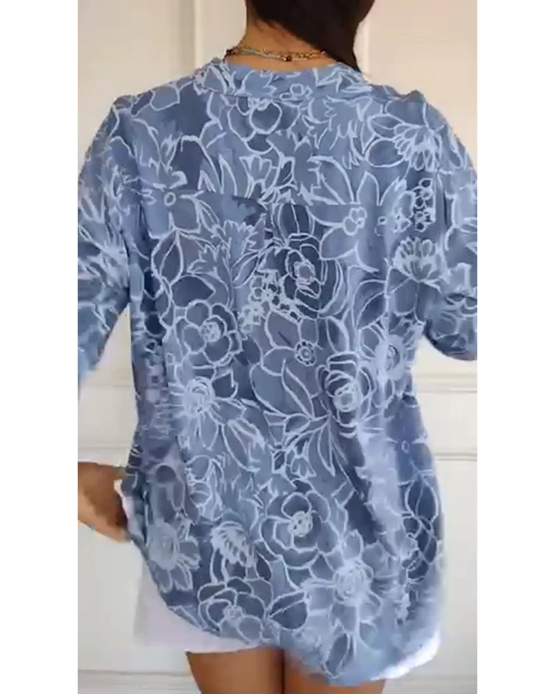 V-Neck Button-Down Printed Blouse - Image 6