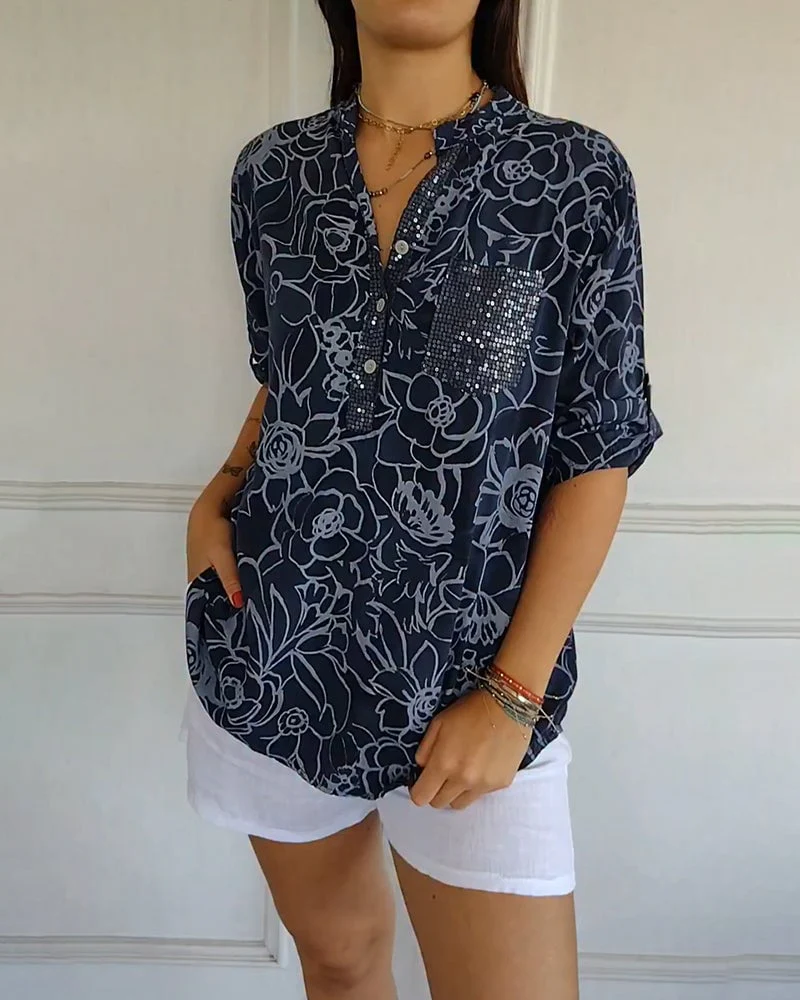V-Neck Button-Down Printed Blouse - Image 7