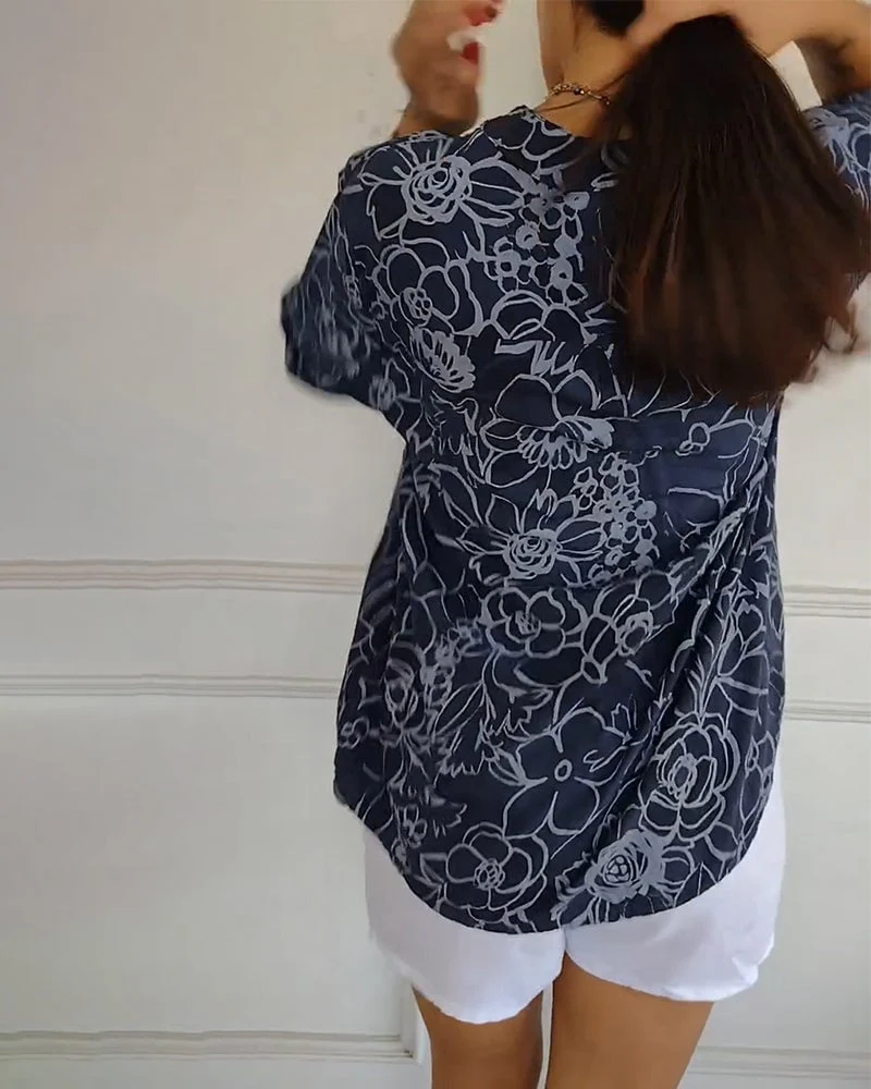 V-Neck Button-Down Printed Blouse - Image 8