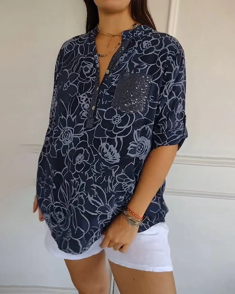 V-Neck Button-Down Printed Blouse - Image 9