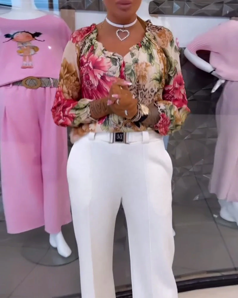V-Neck Floral Print Blouse - Image 11