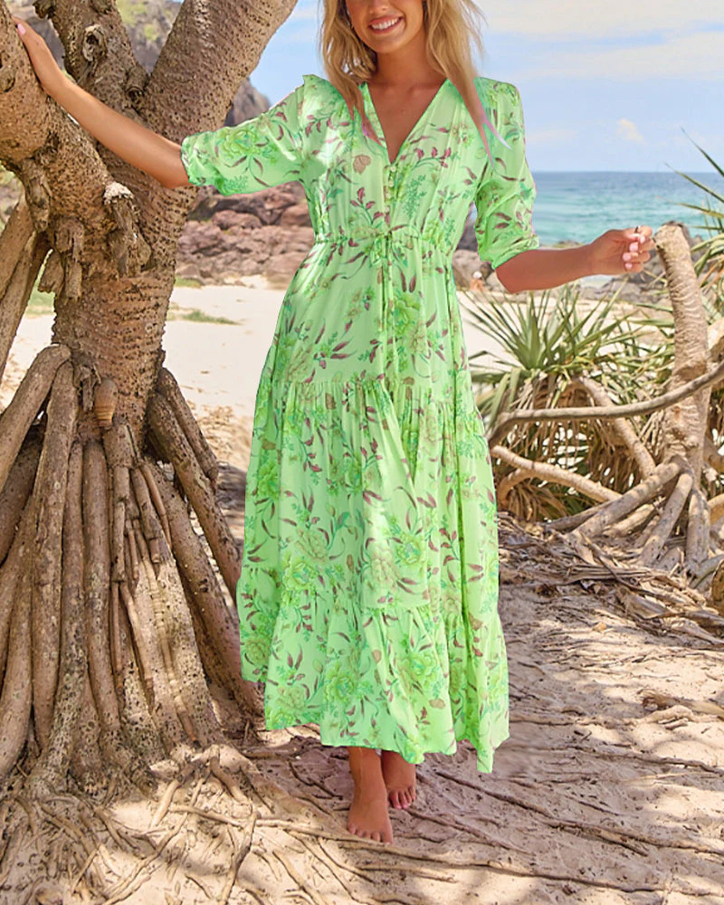V-Neck Floral Short-Sleeve Dress - Image 29