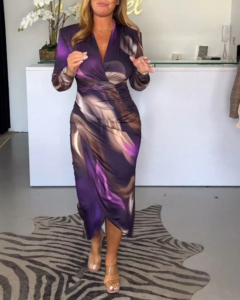 V-neck long sleeve slit dress - Image 8