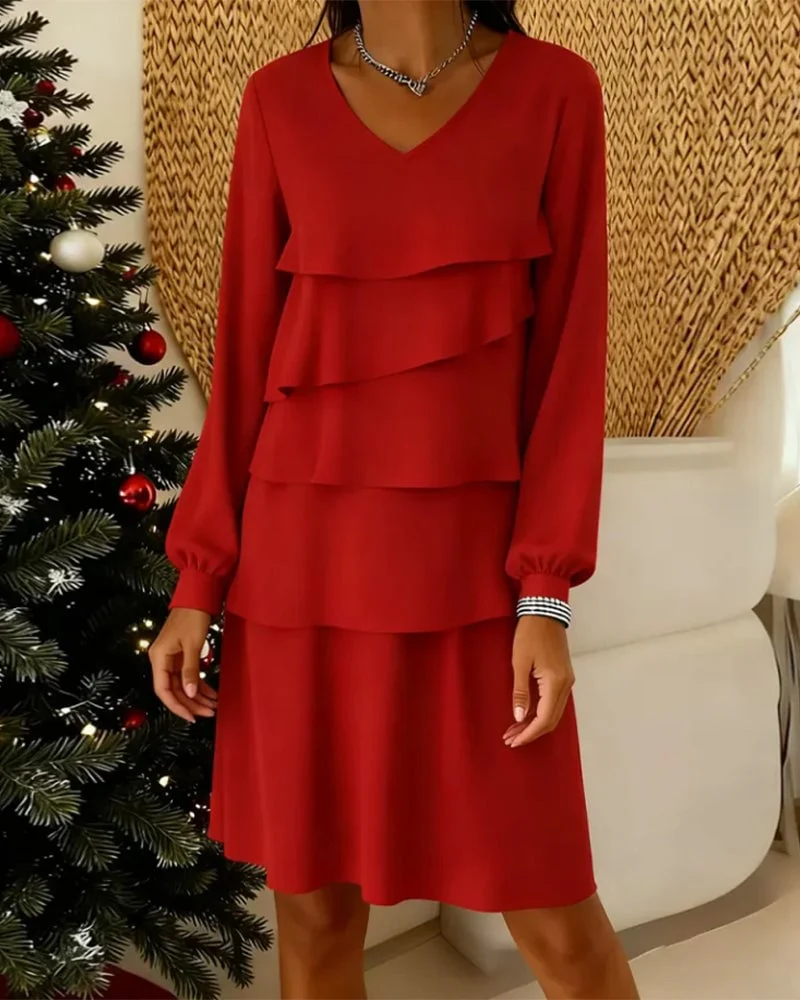 V-Neck Long Sleeve Tier Layer Dress - Image 8