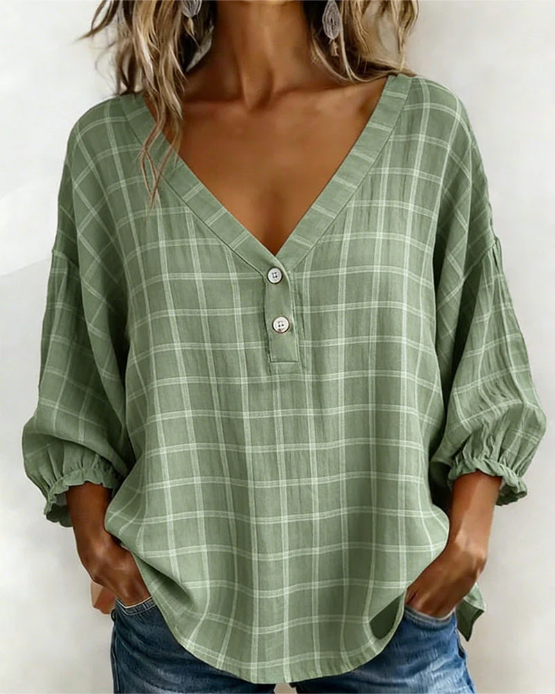 V-Neck Plaid Loose Top - Image 3
